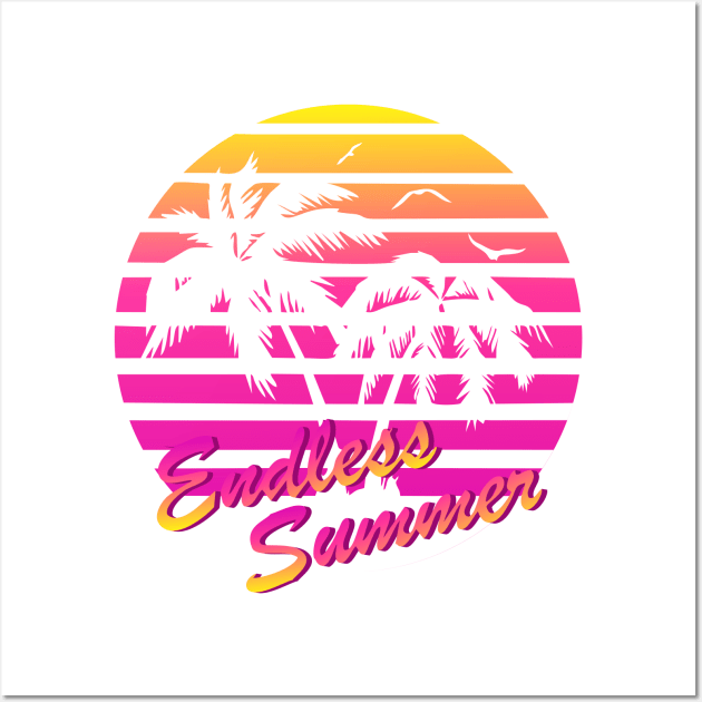 80s RETRO TROPICAL OCEAN ON A 80'S PINK SUN BACKGROUND Wall Art by iZiets